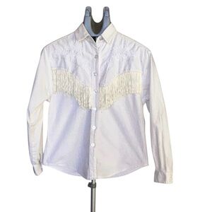 Vintage Roughrider White Fringe Western Shirt Embroidered Pearl Snap